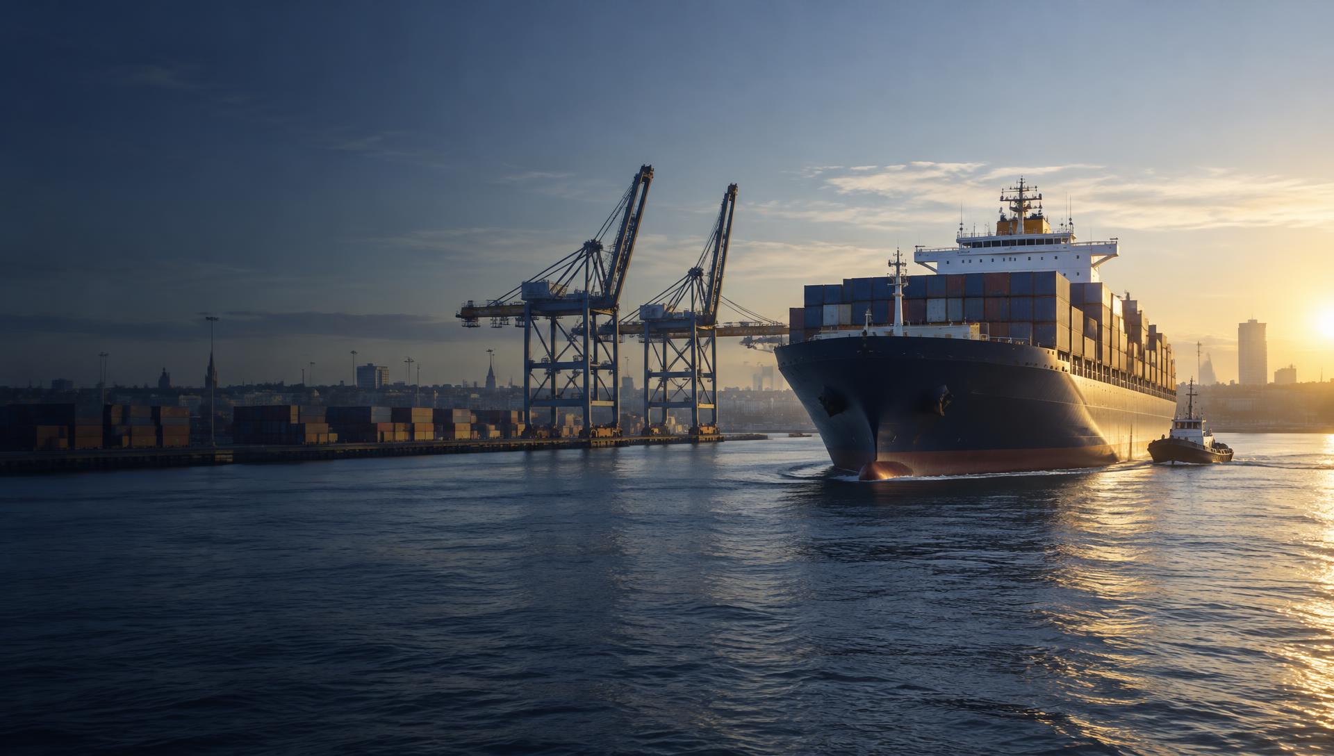 Container ship entering an international freight port